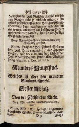 Neundtes Hauptstuck. Welches ist über den neundten Glaubens-Artickel