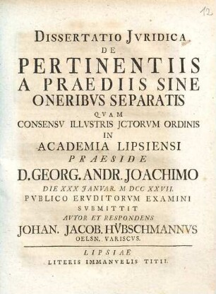 Dissertatio Jvridica De Pertinentiis A Praediis Sine Oneribvs Separatis