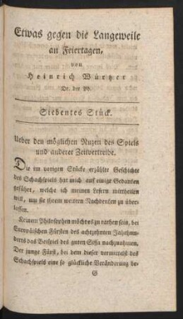 Ueber den möglichen Nuzen des Spiels und anderer Zeitvertreibe.
