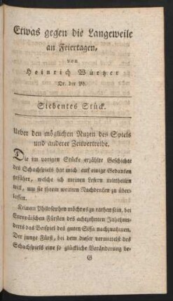 Ueber den möglichen Nuzen des Spiels und anderer Zeitvertreibe.