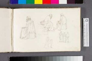 Drei Studien zu sitzendem bärtigen Mann in langem Mantel, Skizze eines Blinden mit Führer, Skizze zweier Männer und einer Frau im Gespräch
