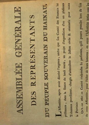 Assemblée Générale Des Représentants Du Peuple Souverain Du Hainau : L'Assemblée, après avoir décrété l'urgence, arrête que son Comité des Finances lui présentera, ...