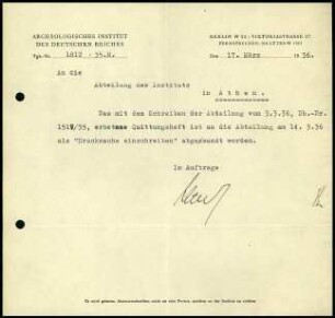 Schreiben; AIDR an DAI Athen (Quittungsheft)