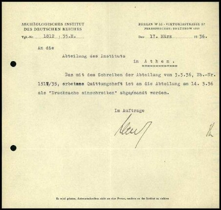 Schreiben; AIDR an DAI Athen (Quittungsheft)