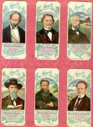 Albumblatt mit beidseitig je 6 Sammel-Karten mit Sarotti-Werbung aus verschiedenen Serien (Deutsche Schriftsteller / Antike Götter) - Sachkonvolut