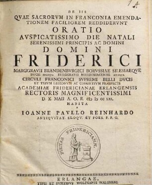 De Iis, Qvae Sacrorvm In Franconia Emendationem Faciliorem Reddidervnt, Oratio