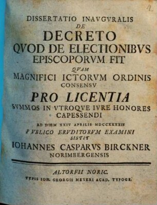 Dissertatio Inavgvralis De Decreto Qvod De Electionibvs Episcoporvm fit
