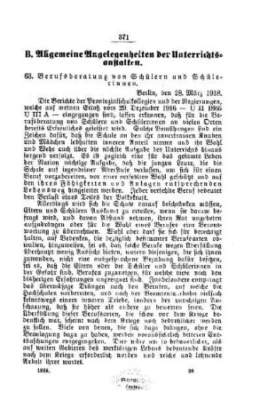 Berufsberatung von Schülern und Schülerinnen : [B. Allgemeine Angelegenheiten der Unterrichtsanstalten]