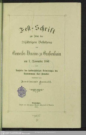 Festschrift zur Feier des 25jährigen Bestehens des Gewerbe-Vereins zu Großenhain : am 7. November 1886