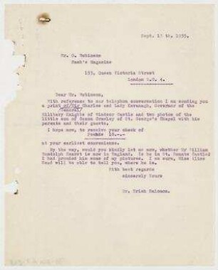 Brief von Erich Salomon an Oliver Robinson, Nash´s Pall Mall Magazine