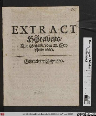 Extract Schreibens/ Aus Seeland/ vom 28. May Anno 1660.