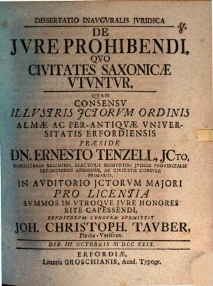 Dissertatio Inavgvralis Jvridica De Jvre Prohibendi, Qvo Civitates Saxonicae Vtvntvr : Qvam ... Praeside Dn. Ernesto Tenzell ... Svbmittit Joh. Christoph. Tavber, Plaviae-Variscus
