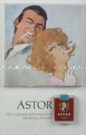 Werbeaufsteller für "Astor"-Zigaretten mit Zigarettenschachtel auf der Vorderseite