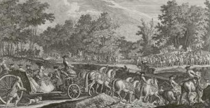 Die Ankunft des Fürsten auf dem Rendevous : Jagdwagen, Ankunft des Fürsten, Stich