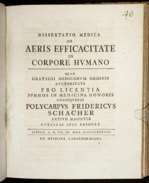 Dissertatio Medica De Aeris Efficacitate In Corpore Hvmano
