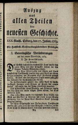 XXX. Nachl. Coburg, den 27. Julius, 1763.
