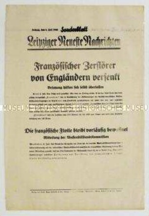Sonderblatt der "Leipziger Neuesten Nachrichten" zur Versenkung eines französischen Kriegsschiffes durch die britische Marine