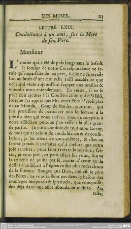 Lettre LXIX. Condoleance a un ami, sur la Mort de son Pere