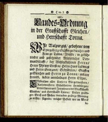 1580. Landes-Ordnung in der Graffschafft Gleichen / und Herrschafft Tonna.