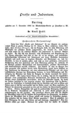 Presse und Judentum : Vortr., geh. am 7. Dez. 1882 im Mendelssohn-Verein zu Frankfurt a. M. / von Adolf Brüll