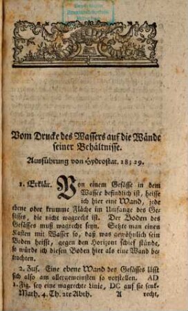 Anfangsgründe der Mathematik, 4,2. Anfangsgründe der Hydrodynamik, welche von der Bewegung des Wassers, besonders die praktischen Lehren enthalten