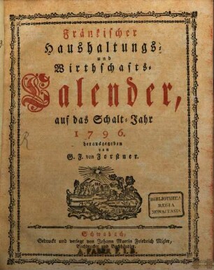 Fränkischer Haushaltungs- und Wirthschafts-Calender : auf d. Jahr ... 1788