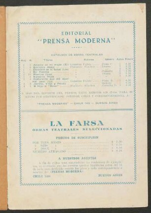 Catálogo de obras teatrales : Editorial "Prensa Moderna"