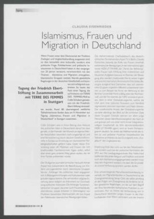 Islamismus, Frauen und Migration in Deutschland : Tagung der Friedrich Ebert-Stiftung in Zusammenarbeit mit TERRE DES FEMMES in Stuttgart