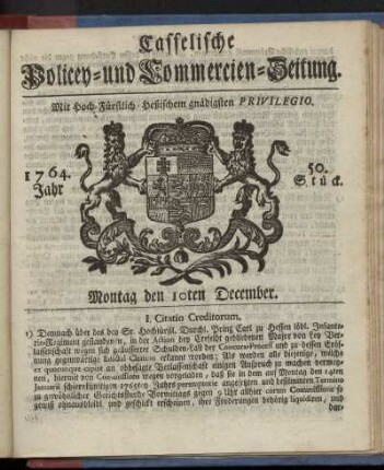 50. Stueck, Montag den 10ten December 1764