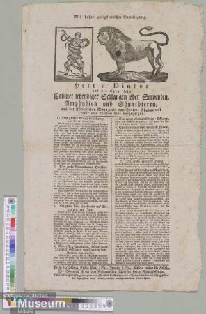Cabinet lebendiger Schlangen oder Serpenten, Amphybien und Säugethieren