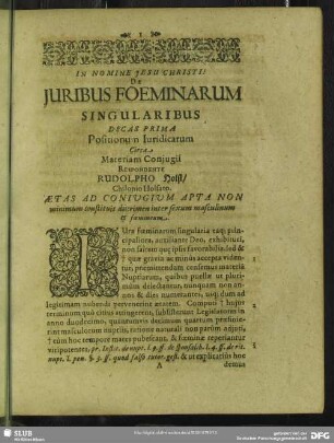 Decas Prima Postionum Juridicarum Circa Materiam Conjugii Respondente Rudolpho Holst, Chilonio Holsato