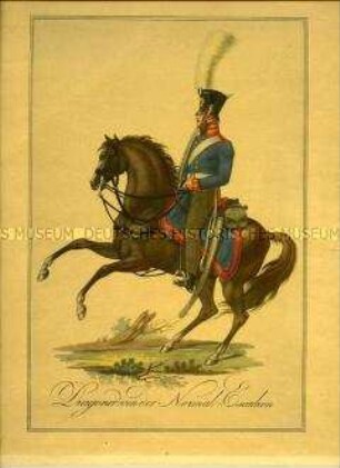 Uniformdarstellung, Dragoner der Normal-Eskadron des 1. Garde-Dragoner-Regiments zu Pferd, Preußen, 1812/1814. Tafel 24 aus: Jügel/Wolf: Abbildungen der Königlich Preußischen Uniformen.