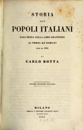 Storia dei Popoli, Italiani dall'Epoca della loro grandezza ai tempi de' Romani fino al 1814