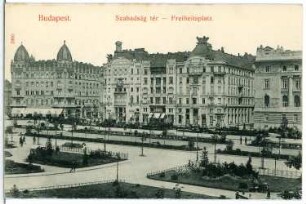 Budapest. Freiheitsplatz mit Stadtcafé und Ungarischer Kaufmannshalle