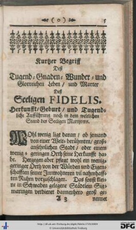 Kurtzer Begriff Deß Tugend-Gnade- Wunder- und Glorreichen Leben und Marter Deß Seeligen Fidelis.