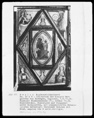 Psalterium der Königin Margarethe von Norwegen; thronende Madonna mit Kind, umgeben von acht weiblichen Heiligen