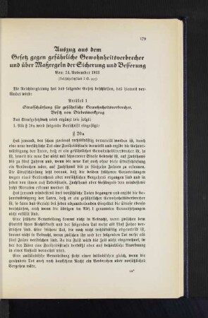 Auszug aus dem Gesetz gegen gefährliche Gewohnheitsverbrecher und über Maßregeln der Sicherung und Besserung Vom 24. November 1933 (Recihsgesetzblatt I S. 995)