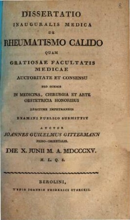 Diss. inaug. med. de rheumatismo calido