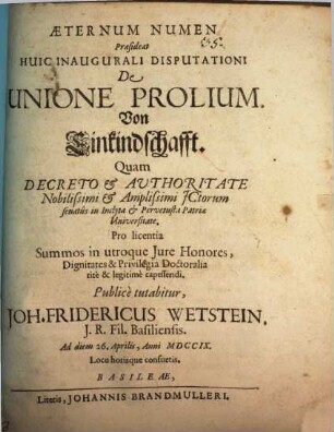 Diss. inaug. de unione prolium, von Einkindschaft