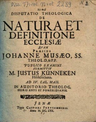 Disputatio Theologica De Natura Et Definitione Ecclesiae