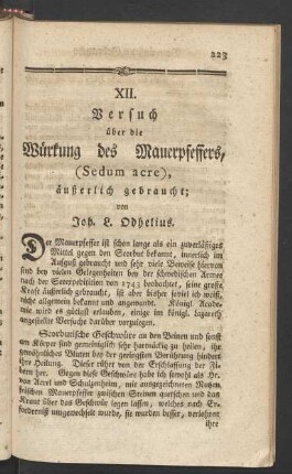 XII. Versuch über die Würkung des Mauerpfeffers, (Sedum acre), äußerlich gebraucht; von Joh. L. Odhelius