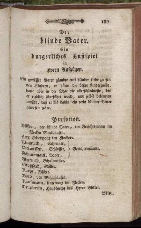 Der blinde Vater. Ein burgerliches Lustspiel in zween Aufzügen