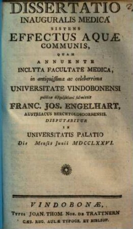 Dissertatio Inauguralis Medica Sistens Effectus Aquae Communis