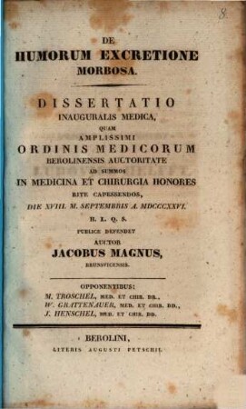 De humorum excretione morbosa : Diss. inaug. med.
