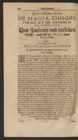 Sectio decima nona. De Magia, Eiusque Poena, Et De Astrologia Iudiciaria. Von Zauberey/ und derselben Straffe/ auch von der Astrologia unnd Nativitet stellen.