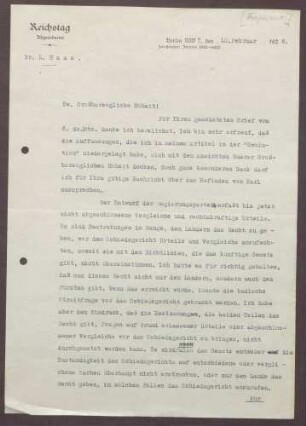 Fragment eines Schreibens von Ludwig Haas an Prinz Max von Baden; Gedanken zur Fürstenabfindung und Gesetzentwurf der Regierungsparteien dazu