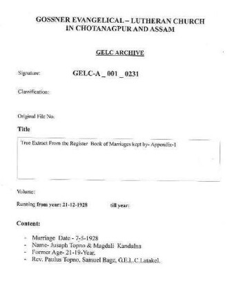 True Extract from the Register book of Marriages kept by-Appendix