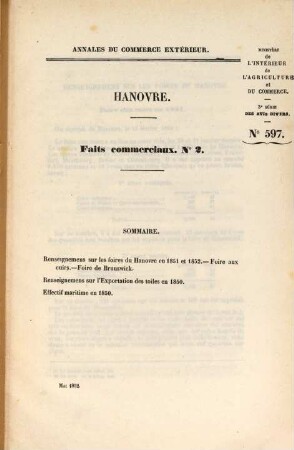 Annales du commerce extérieur. Hanovre. Faits commerciaux. 1/2. 1851/52