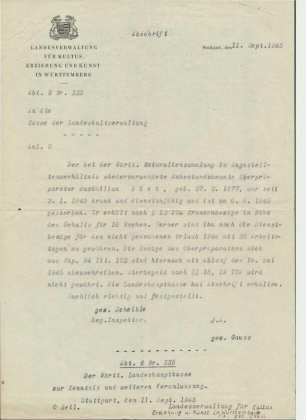Behördliches Schreiben über Bezüge von Max Böck für seine Anstellung als Ruhestandsbeamter bei der Württ. Naturaliensammlung