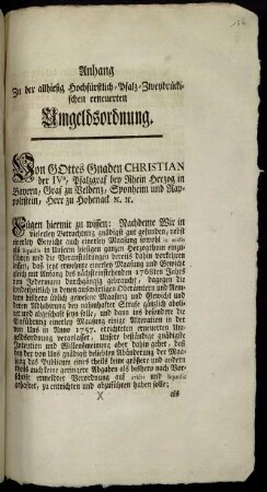 Anhang Zu der allhiesig Hochfürstlich-Pfalz-Zweybrückischen erneuerten Umgeldsordnung : [Zweybrücken den 27. Sept. 1767.]